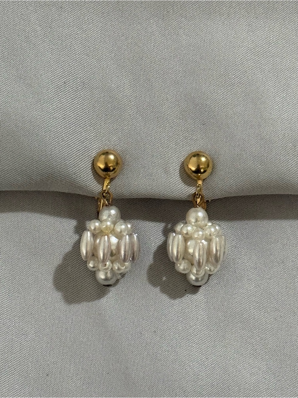 Faux Pearl Cluster Drop Dangle Clip On Earrings Gold Tone